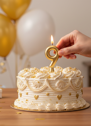 Vela número 9 dorada Olego encendida en torta de noveno cumpleaños – decoración festiva dorada y blanca

