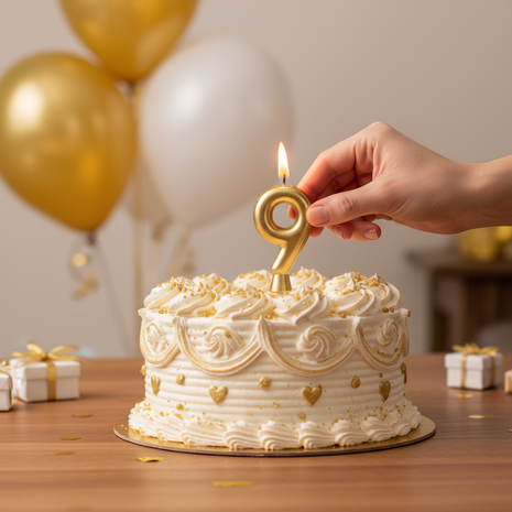 Vela número 9 dorada Olego encendida en torta de noveno cumpleaños – decoración festiva dorada y blanca

