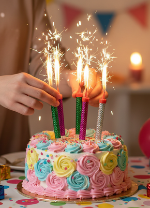 Manos colocando velas volcán glitter metálicas en torta de cumpleaños – decoración fiestas y celebraciones

