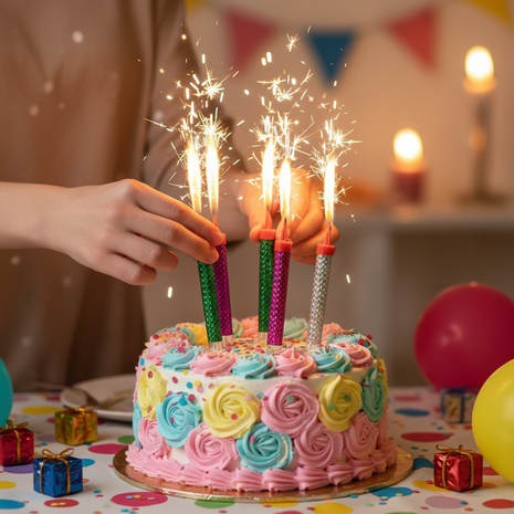 Manos colocando velas volcán glitter metálicas en torta de cumpleaños – decoración fiestas y celebraciones

