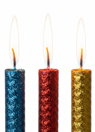 Macro velas volcán glitter metálico encendidas 10cm – acabado brillante premium para tortas y mesas dulces

