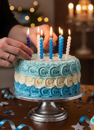Manos colocando velas azules y plateadas en torta de cumpleaños – decoración elegante fiestas y eventos

