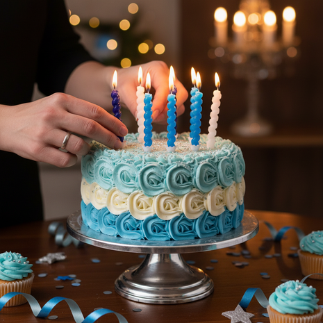 Manos colocando velas azules y plateadas en torta de cumpleaños – decoración elegante fiestas y eventos

