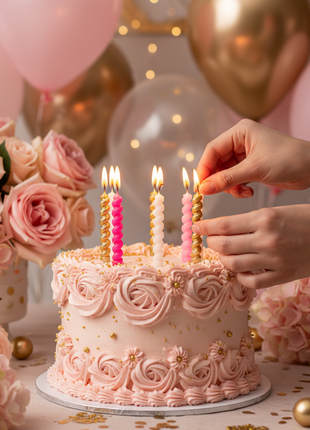 Manos colocando velas rosadas y doradas en torta de cumpleaños – decoración baby shower y fiesta de 15 años

