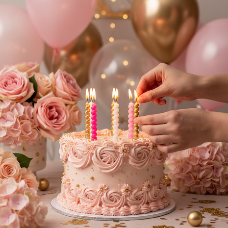 Manos colocando velas rosadas y doradas en torta de cumpleaños – decoración baby shower y fiesta de 15 años

