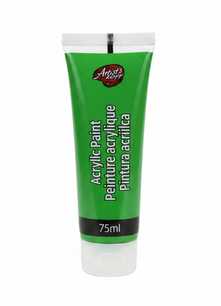 Verde pintura acrílica 75ml tubo sobre fondo blanco, iluminación de estudio, colores vivos y etiqueta legible

