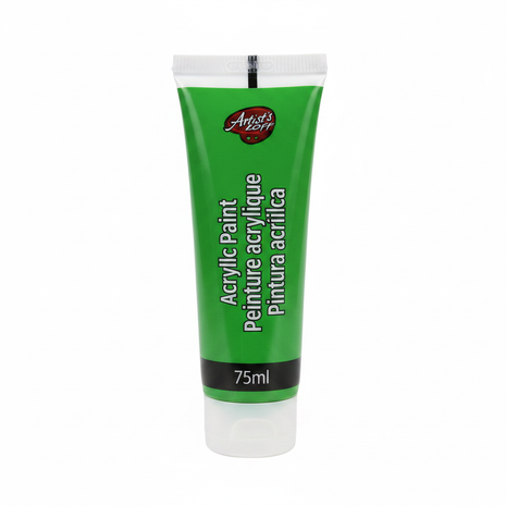 Verde pintura acrílica 75ml tubo sobre fondo blanco, iluminación de estudio, colores vivos y etiqueta legible

