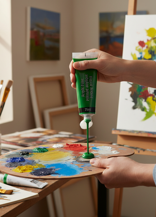 Pintura acrílica verde 75ml en uso, manos aplicando pintura sobre paleta en taller de arte


