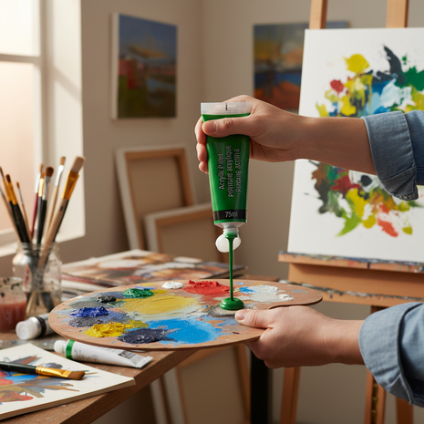 Pintura acrílica verde 75ml en uso, manos aplicando pintura sobre paleta en taller de arte

