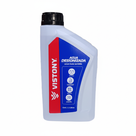 Vistony Agua Desionizada 1.1L para batería — botella vertical fondo blanco — OcShop Perú

