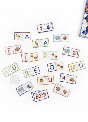 Vocales y Números – flat lay 40 fichas doble faz – 20 mini rompecabezas – vocales y números inglés español