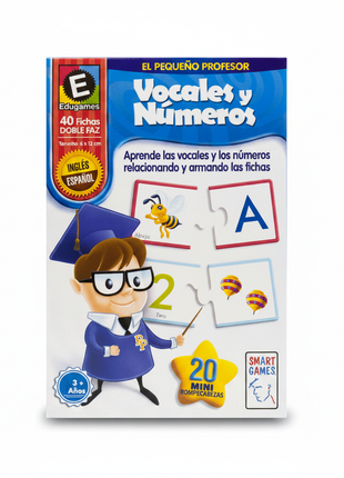 Vocales y Números El Pequeño Profesor – 40 fichas doble faz – 20 mini rompecabezas – inglés y español