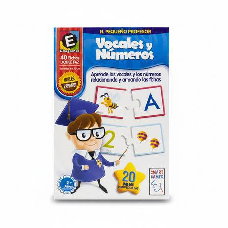 Vocales y Números El Pequeño Profesor – 40 fichas doble faz – 20 mini rompecabezas – inglés y español