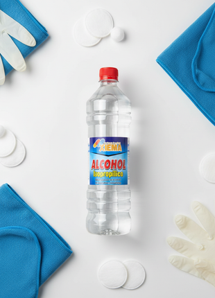 Xiema alcohol isopropílico 1L – flat lay con microfibra y guantes – kit limpieza técnica gran formato

