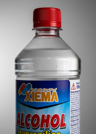 Xiema alcohol isopropílico 1L – detalle tapa roja y etiqueta técnica – fórmula alta pureza gran volumen

