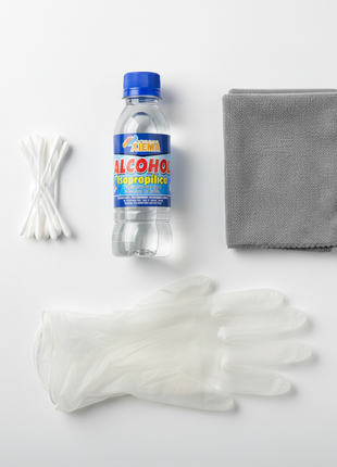 Xiema alcohol isopropílico 250ml – flat lay con hisopos y microfibra – kit limpieza técnica compacto

