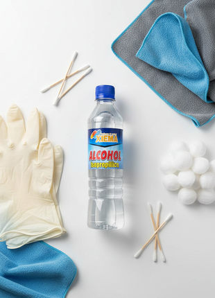 Xiema alcohol isopropílico 500ml – flat lay con microfibra y guantes – kit de limpieza técnica profesional

