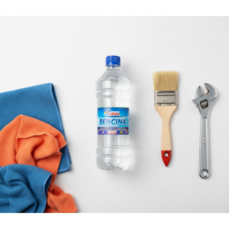 Xiema bencina blanca 1L – flat lay con paños y herramientas – solvente multiuso ferretería y taller