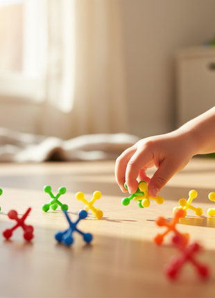 Mano de niño recogiendo yaces de plástico multicolor – juego tradicional de agilidad y pinza fina

