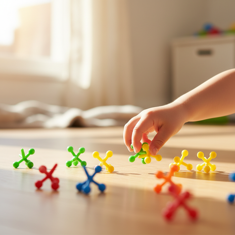 Mano de niño recogiendo yaces de plástico multicolor – juego tradicional de agilidad y pinza fina

