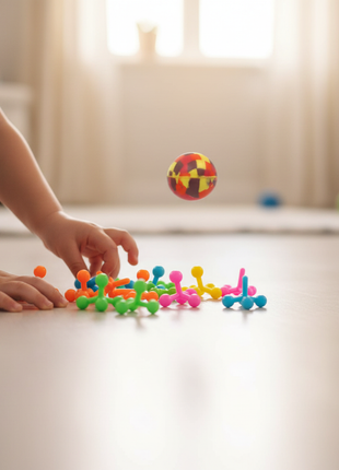 Niño jugando yaces multicolor con pelotita de goma rebotando – juego tradicional destreza y agilidad

