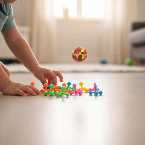 Niño jugando yaces multicolor con pelotita de goma rebotando – juego tradicional destreza y agilidad


